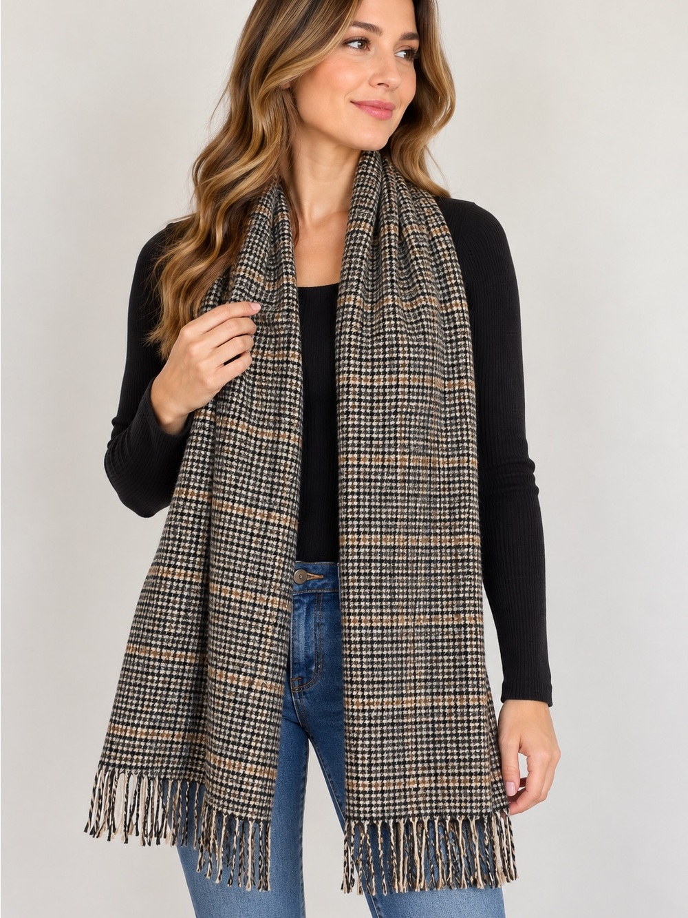 J. Crew Houndstooth Plaid Scarf Black Cream Brown Fringe Classic Preppy Wrap